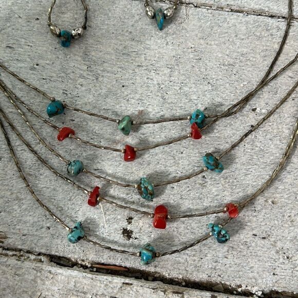 Vintage Sterling Layered Necklace With Turquoise Chunk Accents With Earrings - Picture 4 of 6